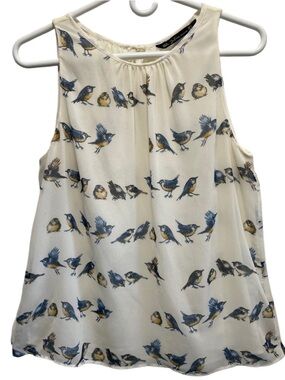 Zara Ivory 2-Layer Lightweight Sleeveless Chiffon Bluebird Print Tank Top L EUC